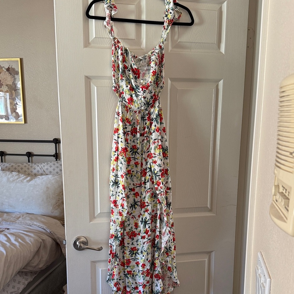 Lush Floral High Low Dress - Red, Green, White